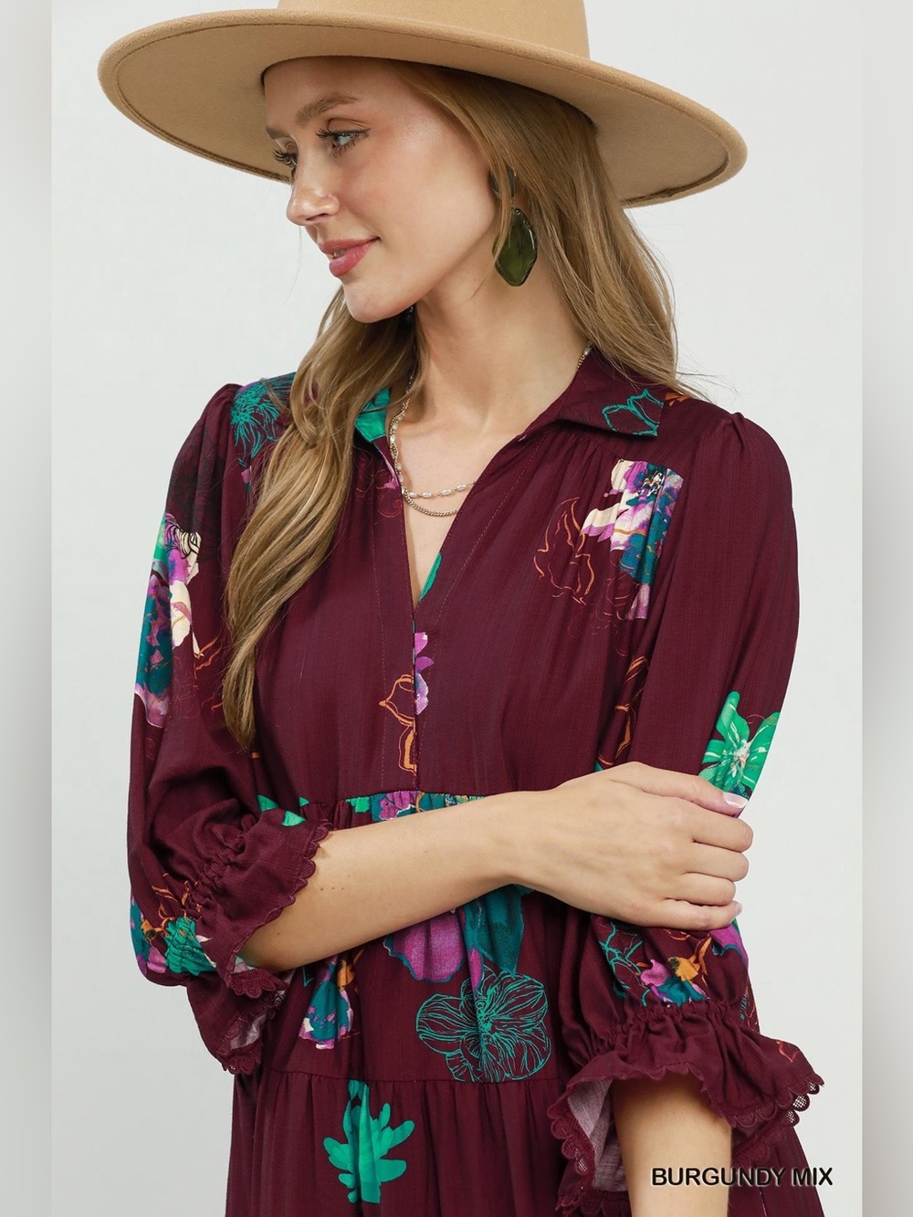 Umgee Floral Print Tiered Midi Dress with Puff Sleeves - Picture 5 of 6